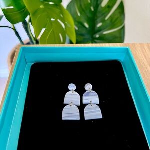 Madewell Earrings Art Deco Dangly Contemporary Modern Light Sky Blue Gold Stripe